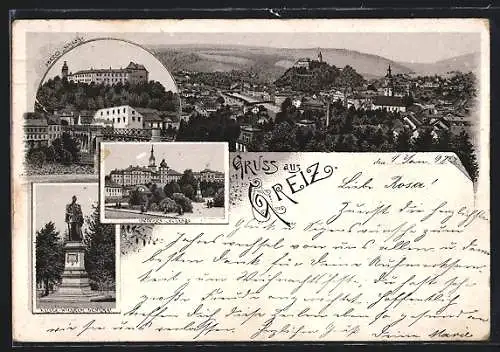 Lithographie Greiz, Unteres Schloss, Oberes Schloss, Kaiser Wilhelm-Denkmal, Ortsansicht