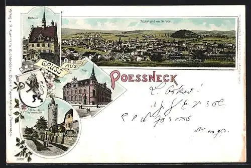 Lithographie Pössneck, Weiser-Thurm mit Stadtmauer, Rathaus, Totalansicht