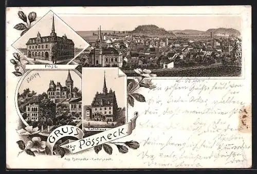 Lithographie Pössneck, Post, Villen, Rathaus, Gesamtansicht