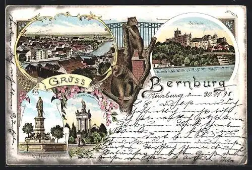 Lithographie Bernburg, Schloss, Wolfgangdenkmal, Bären im Gehege