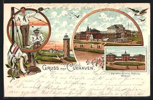 Lithographie Cuxhaven, Christian Goerne Stiftung, Matrosen an Deck, Flagge, Ortspartie