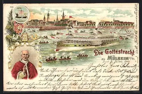 Lithographie Mülheim a. Rh., Die Gottestracht, Bischof, Stadtpanorama mit Dampfschiff Stadt Köln