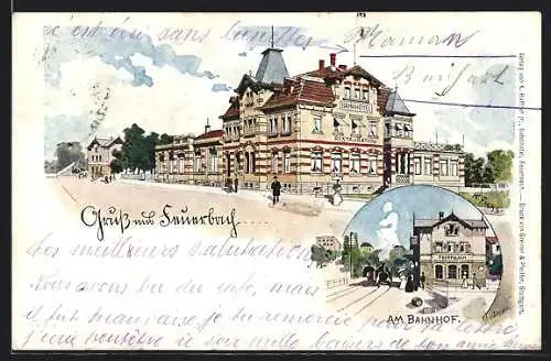 Lithographie Feuerbach / Württ., Restaurant und Bahnhotel, am Bahnhof