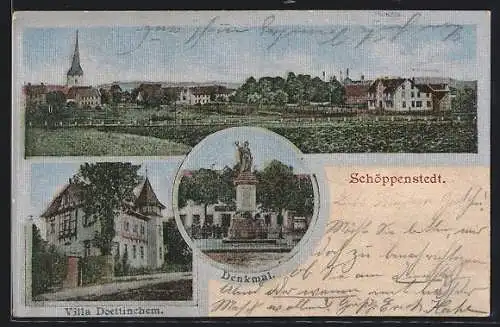 Seiden-Imitations-AK Schöppenstedt, Hotel Villa Doettinchem, Panorama, Denkmal