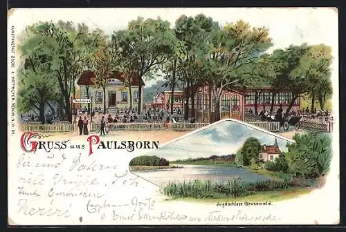 Lithographie Berlin-Grunewald, Gasthaus Paulsborn, Jagdschloss