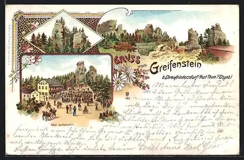 Lithographie Ehrenfriedersdorf bei Thum /Erzgeb., Hotel Greifenstein, Burgruine