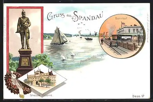 Lithographie Berlin-Spandau, Bahnhof, Havellandschaft, Stresow Kaserne