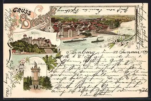 Lithographie Bernburg, Schloss, Kriegerdenkmal, Teilansicht mit Brücke