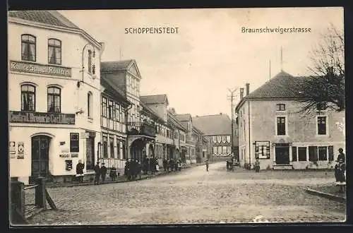 AK Schöppenstedt, Braunschweigerstrasse mit Kafee-Schnell-Rösterei und Central-Drogerie Carl Meyer