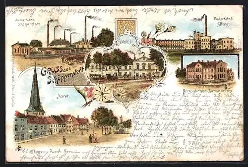 Lithographie Schöppenstedt, Zuckerfabrik, Zuckerfabrik Altenau, Bahnhof