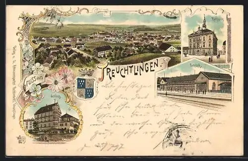 Lithographie Treuchtlingen, Bahnhof, Rathhaus, Schloss