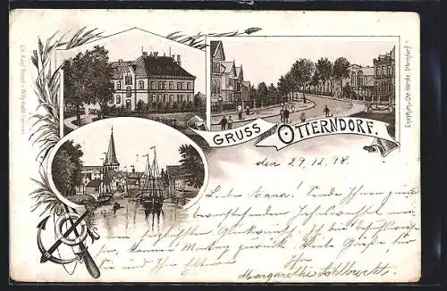 Lithographie Otterndorf, Kanal mit Schiffen, Strassenansicht, Gebäudeansicht