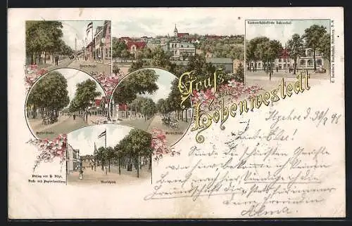 Lithographie Hohenwestedt, Marktplatz, Strassenpartien, Lehranstalt