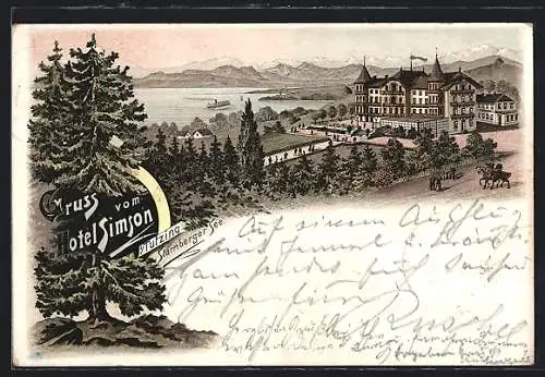 Lithographie Tutzing / Starnberger See, Blick zum Hotel Simson