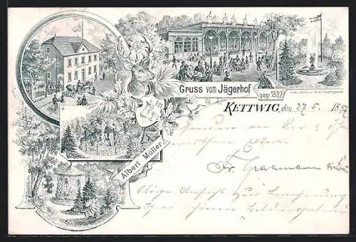 Lithographie Kettwig, Gasthaus Jägerhof, Garten, Brunnen