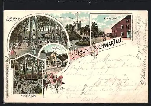 Lithographie Schwartau, Geertz Hotel, Waldhalle, Pariener Berg, Wilhelmsquelle, Bahnhof