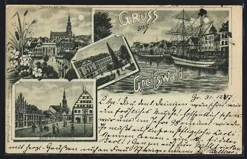 Mondschein-Lithographie Greifswald, Universität, Markt mit Nicolaikirche, Steinbecker Tor