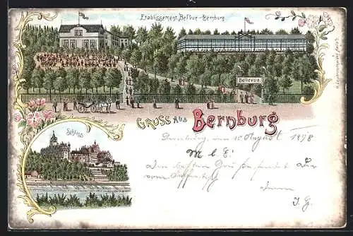 Lithographie Bernburg, Gasthaus Bellevue, Schloss