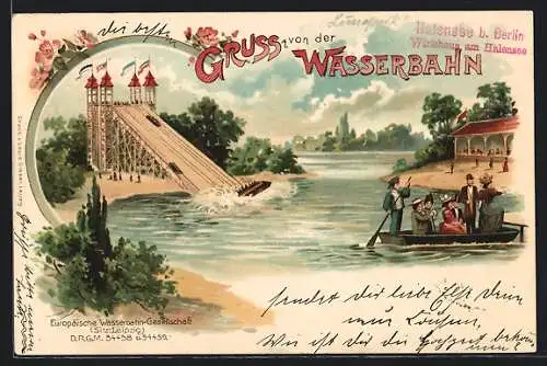 Lithographie Volksfest, Wasserbahn und Gondelfahrt auf dem Festgelände