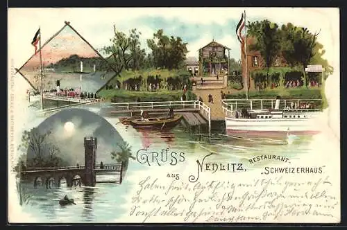 Lithographie Nedlitz / Potsdam, Restaurant Schweizerhaus, Brücke bei Mondschein, Uferpartie