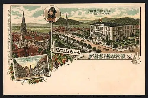 Lithographie Freiburg i. B., Hotel Victoria in der Eisenbahnstrasse, Kirche, Bertholdsbrunnen mit Kaiserstrasse