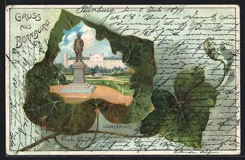 Passepartout-Lithographie Bernburg, Karlsplatz mit Denkmal im Weinblatt