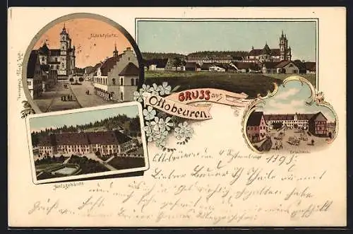 Lithographie Ottobeuren, Gasthaus Bräuhaus, Amtsgebäude, Marktplatz