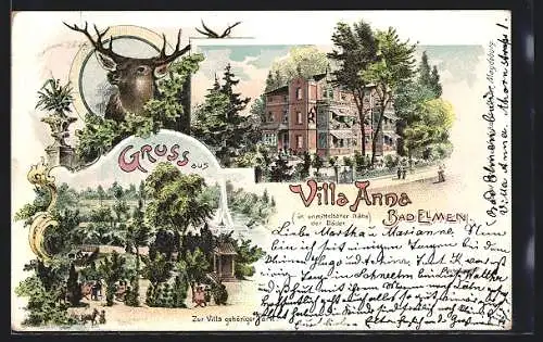 Lithographie Bad Elmen, Die Villa Anna mit dazugehörigem Park, Hirsch