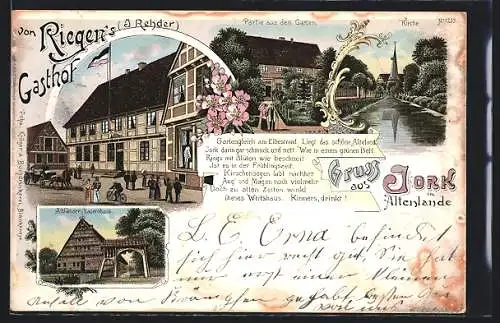 Lithographie Jork im Altenlande, Riegen`s Gasthof mit Garten, Altländer Bauernhaus, Kirche am Fluss