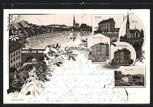 Lithographie Geringswalde, Bahnhof, Kirche, Neue Schule, Krankenhaus, Rinnmühle