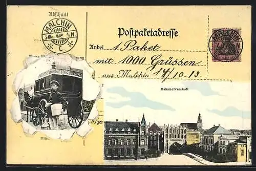 AK Malchin, Bahnhofvorstadt, Postbote mit Paketen und Briefen
