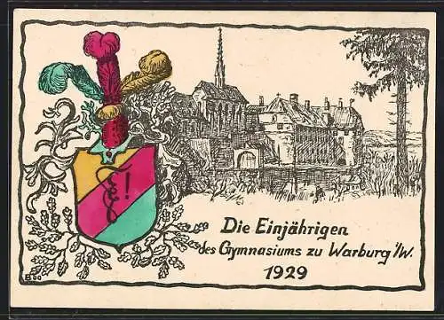 AK Warburg i. W., Ortsansicht mit Kirche, Die Einjährigen des Gymnasiums, 1929, Studentenwappen