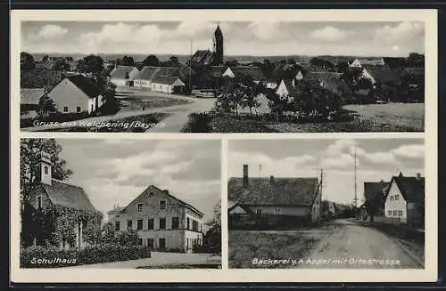 AK Weichering /Bayern, Schulhaus, Bäckerei v. A. Appel an der Ortsstrasse