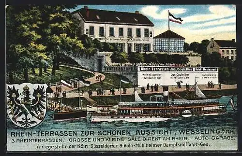 Lithographie Wesseling a. Rh., Restaurant Rhein-Terrassen zur schönen Aussicht, Rheindampfer, Wappen