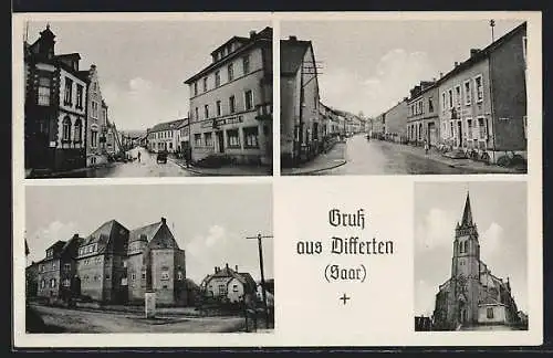 AK Differten /Saar, Gasthaus zum Warndt, die Kirche, Strassenpartie