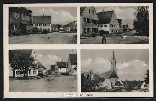 AK Thalfingen, Die Kirche, Radfahrerin auf der Ortsstrasse