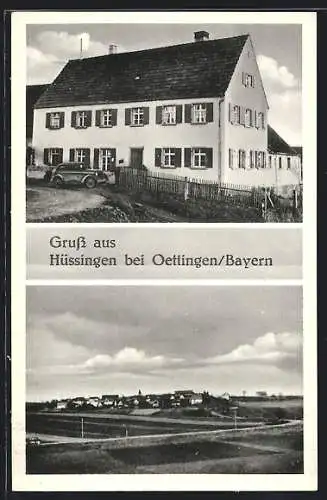 AK Hüssingen bei Oettingen, Partie an einem Haus, Gesamtansicht aus der Ferne