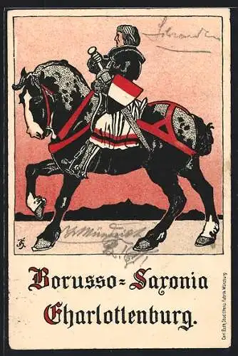 Künstler-AK Berlin-Charlottenburg, Ein Ritter zu Pferde mit dem Wappenschild der Studentenverbindung Borusso-Saxonia