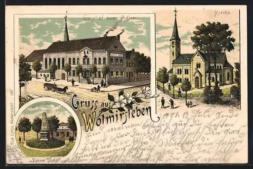 Lithographie Wolmirsleben, Gasthof zum Adler, Kirche, Kaiser-Denkmal