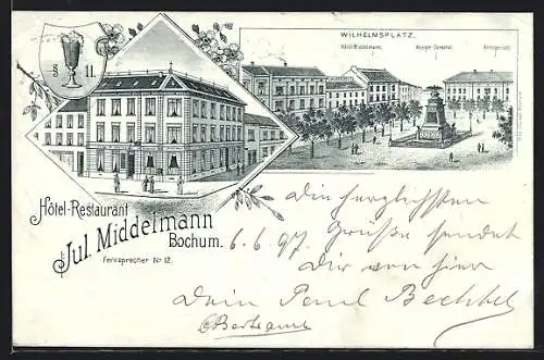 Lithographie Bochum, Hotel-Restaurant Jul. Middelmann, Wilhelmsplatz mit Hotel, Krieger-Denkmal und Amtsgericht