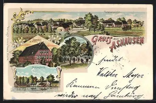 Lithographie Ashausen, Gasthaus A. Neven mit Garten, Mühlenteich, Totalansicht