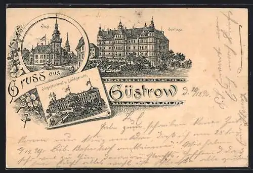 Lithographie Güstrow, Siegesdenkmal u. Landgericht, Schloss, Post