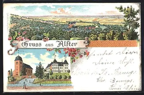 Lithographie Alfter, Ortsansicht mit Kirche und Burg