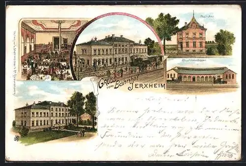 Lithographie Jerxheim, Blick auf den Bahnhof, Postamt, Maschinenschuppen