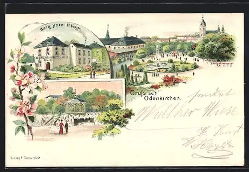 Lithographie Odenkirchen, Burg Hotel H. Vogt, Pavillon und Garten
