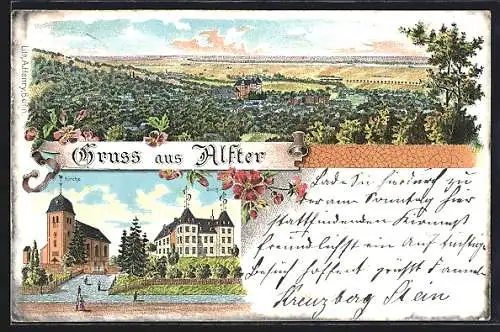 Lithographie Alfter, Ortsansicht mit Burg und Kirche