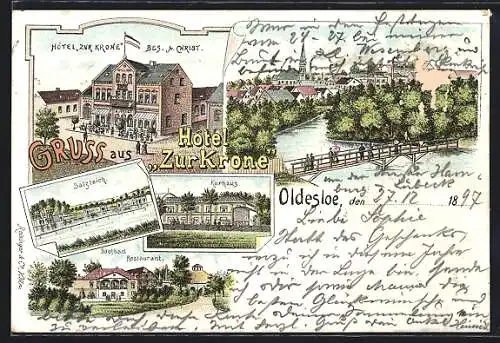 Lithographie Oldesloe, Hotel zur Krone, Soolbad Restaurant, Kurhaus