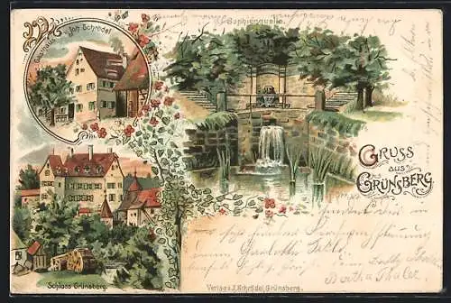 Lithographie Grünsberg, Gasthaus Joh. Schrödel, Schloss Grünsberg, Sophienquelle