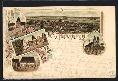 Lithographie Herrieden, Gasthof z. Hirschen, Unteres Thor mit Altmühl-Brücke, Südl. Marktplatz