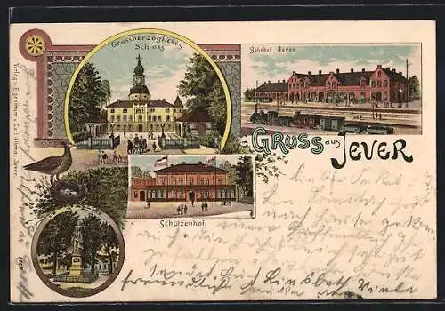Lithographie Jever, Gasthaus Schützenhof, Bahnhof, Grossherzogliches Schloss